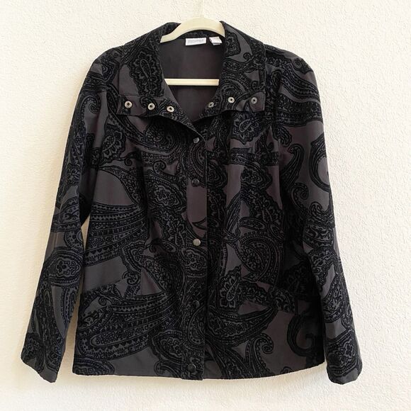 Chico's Black Paisley Neema Flocked Snap Button Long Sleeve Jacket Womans Sz 1 S - Picture 1 of 10